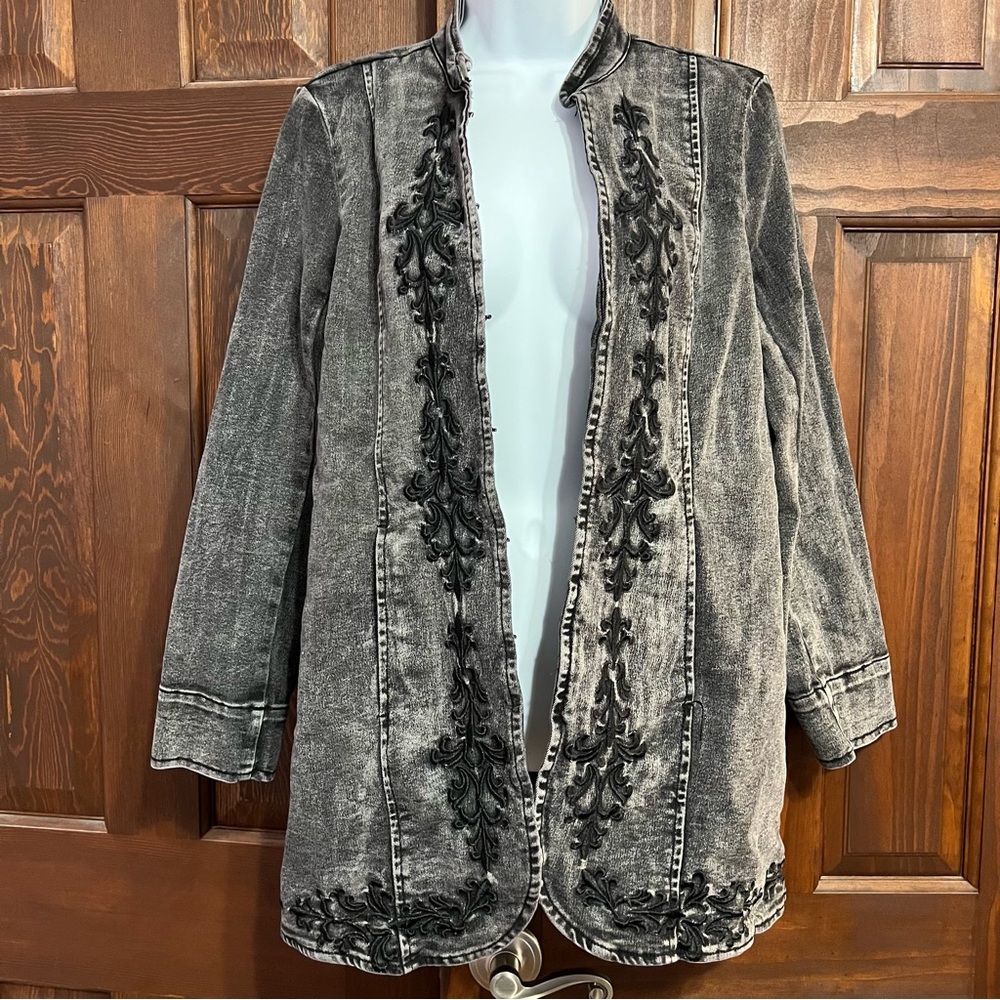Soft Surroundings Charcoal Embroidered Tunic Military Denim Jacket Black Washed - Picture 5 of 16